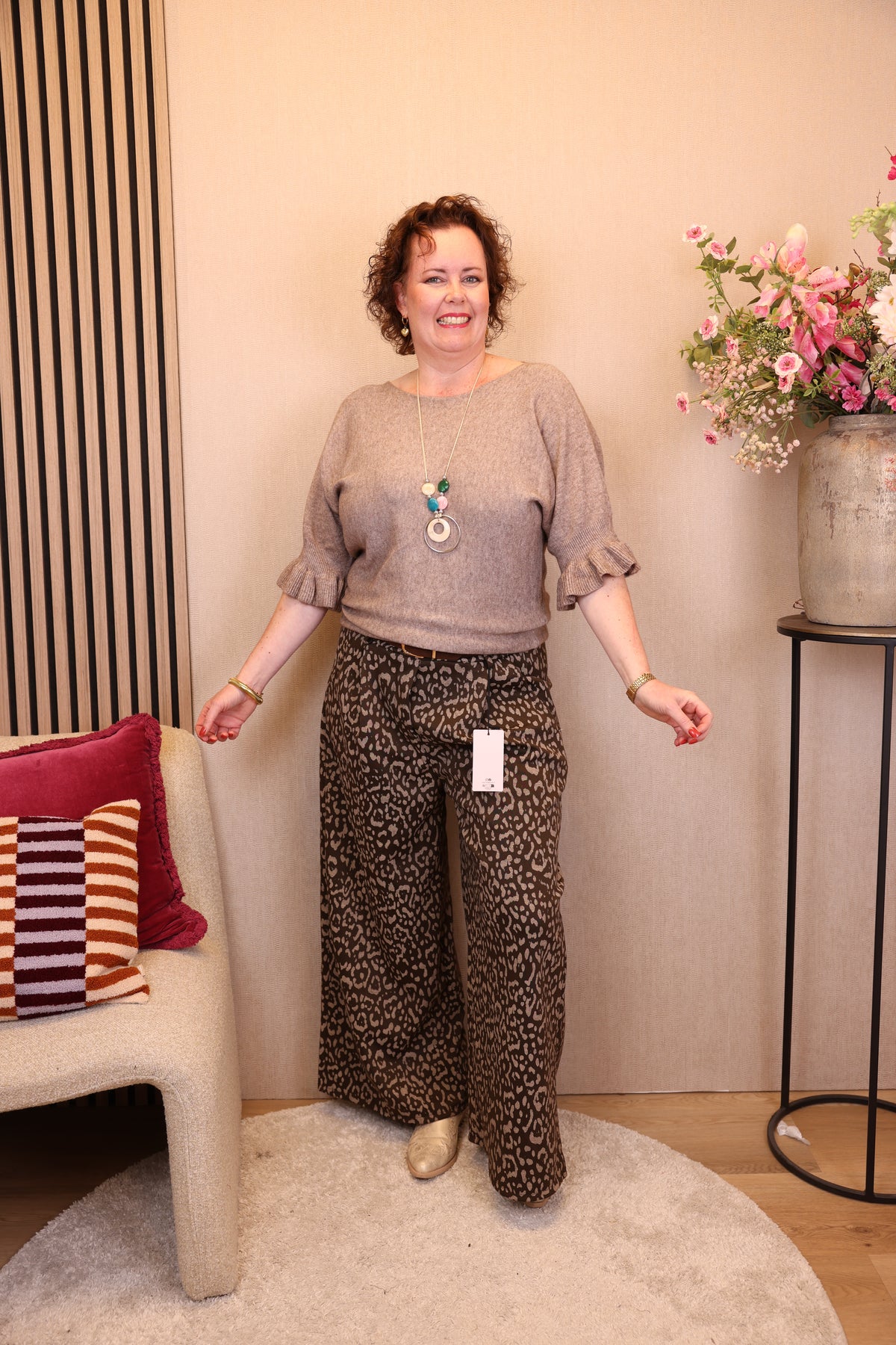 Jade | Broek panterprint bruin 40 - 48 + gratis riem