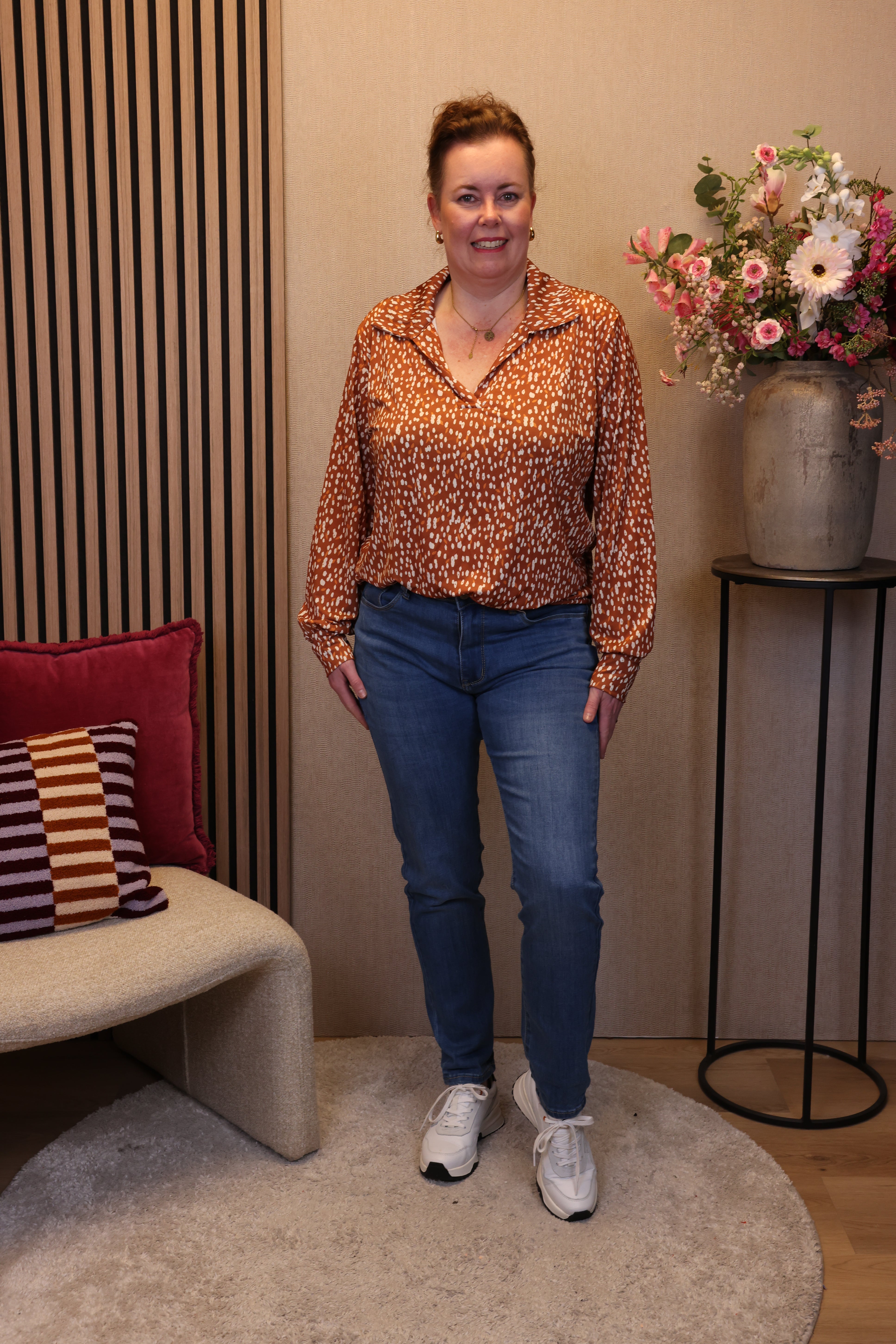 Jip | Blouse geel/bruin met kraagje 38 t/m 48