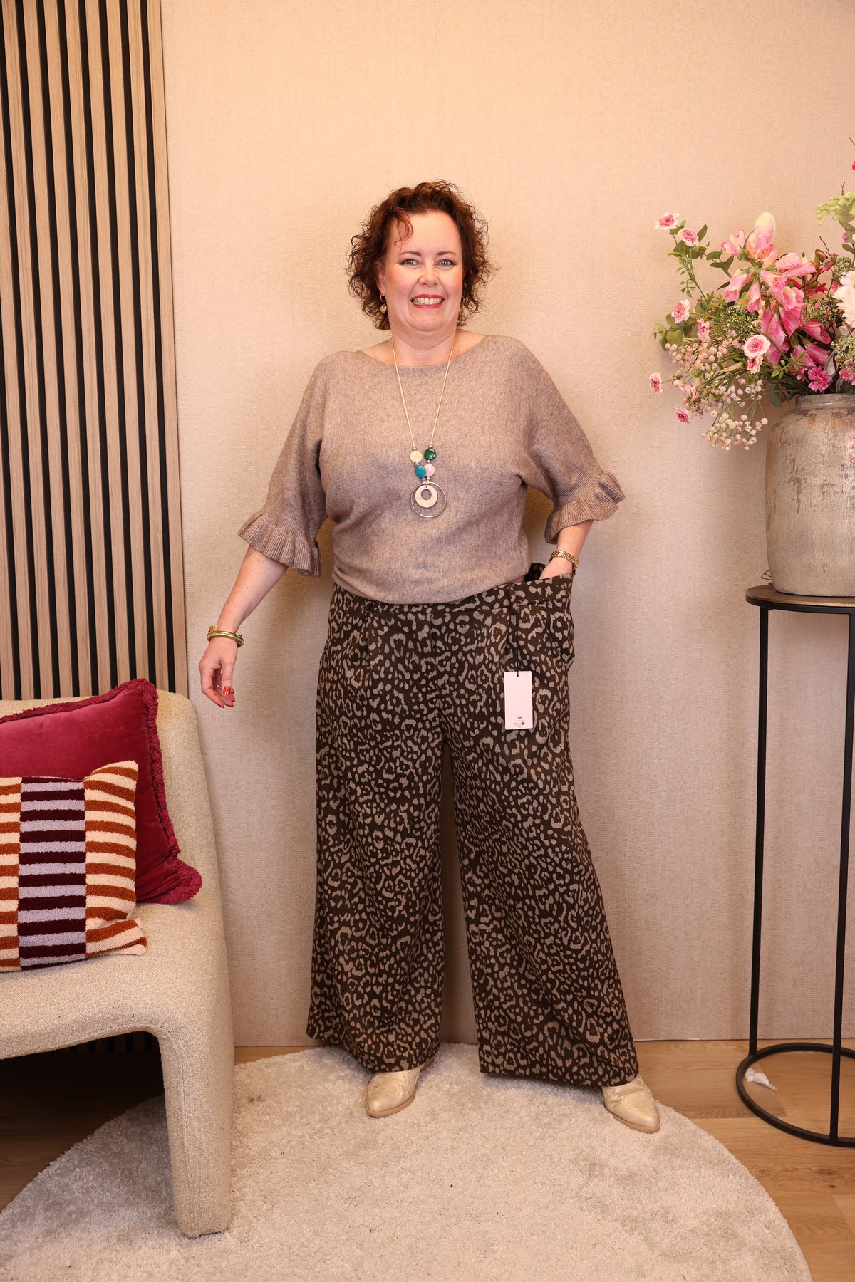 Jade | Broek panterprint bruin 40 - 48 + gratis riem